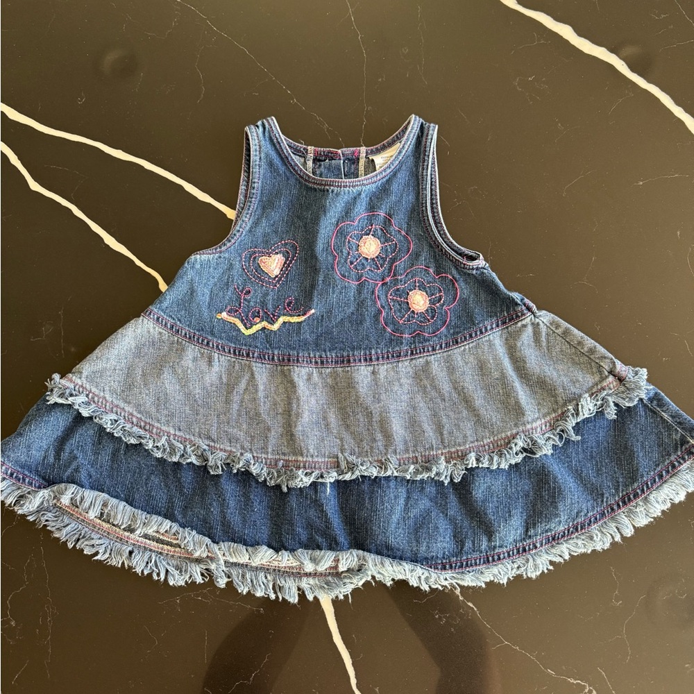 Vintage Toddler Girls Denim Dress with Embroidered‎ Flowers